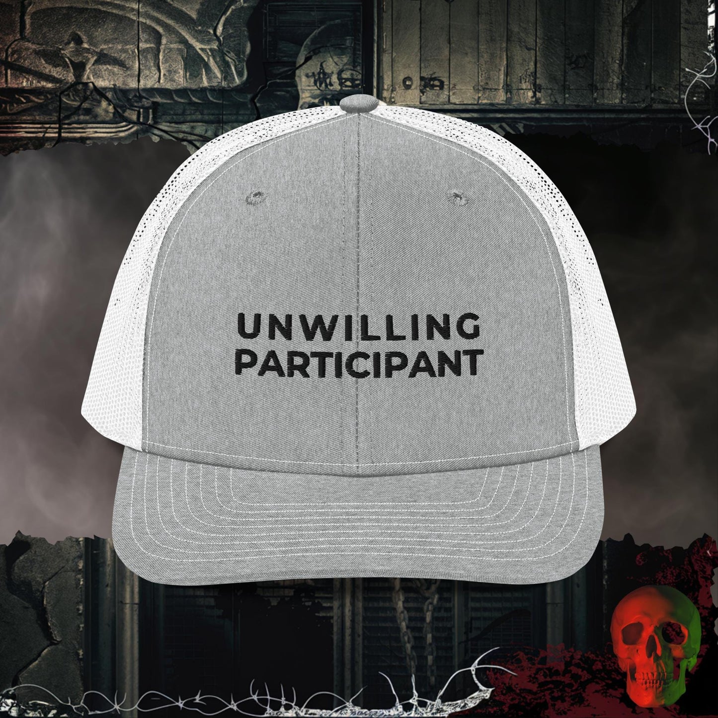Premium Trucker Heather Grey/White Unwilling Participant | Richardson 112 Embroidered Trucker Hat