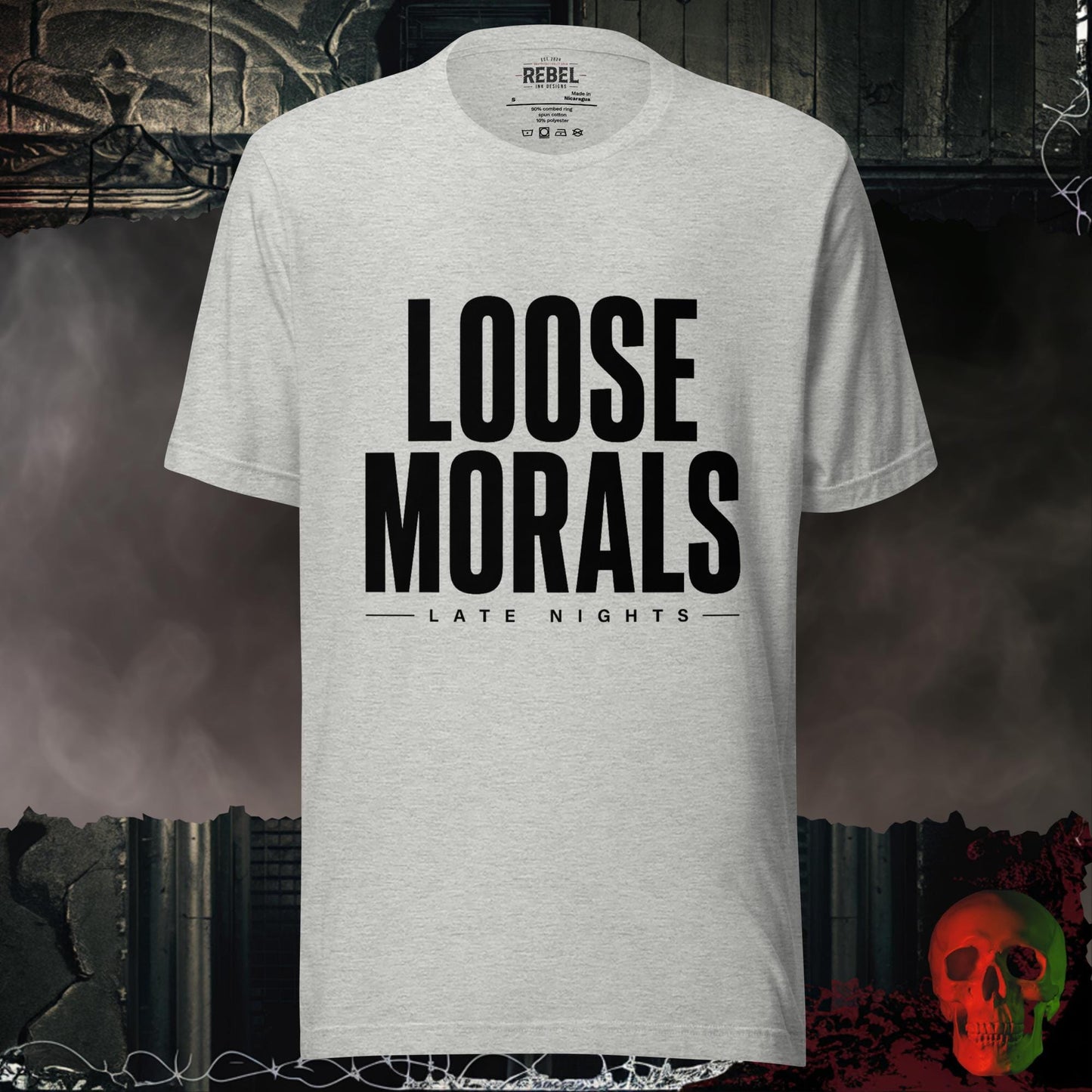 T-Shirt Athletic Heather / S Loose Morals Late Nights Bold Graphic Statement Tee