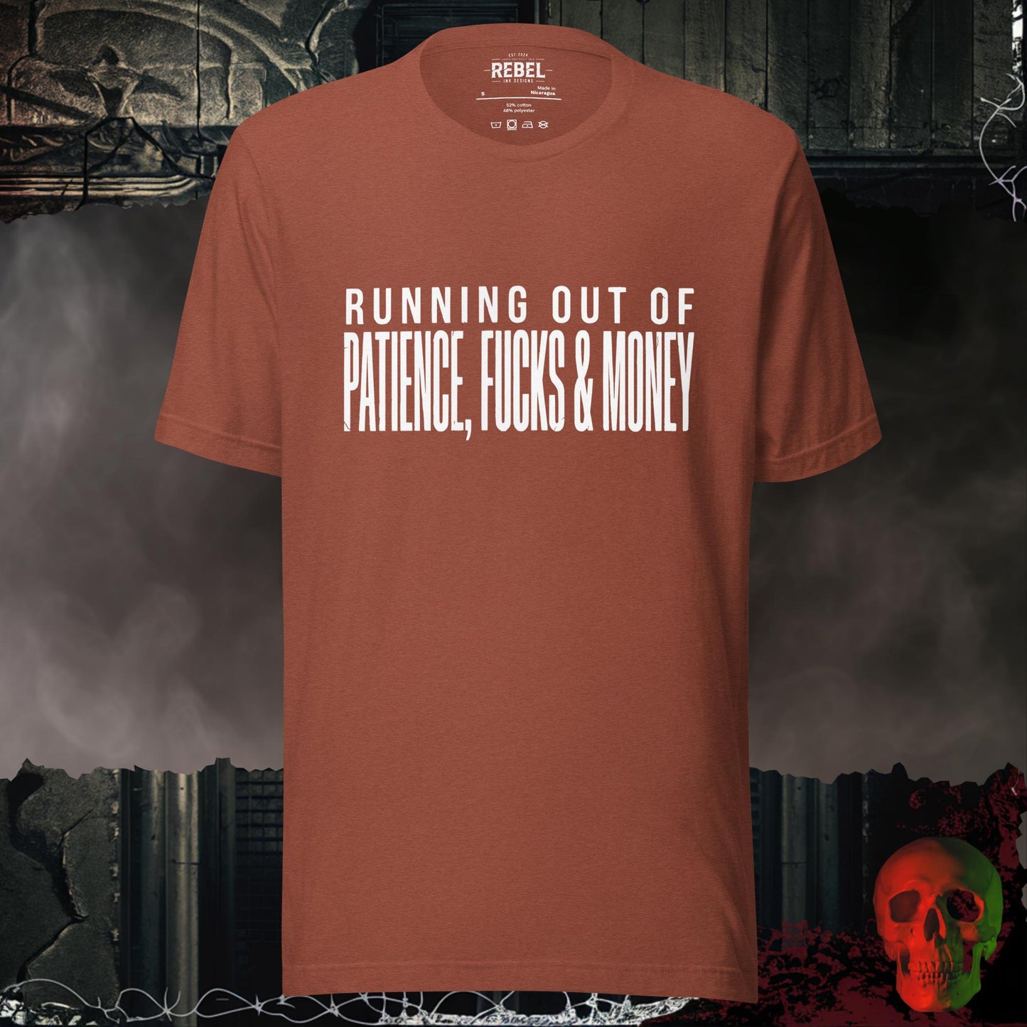 T-Shirt Heather Clay / S Running Out of Patience, Fucks & Money Tee