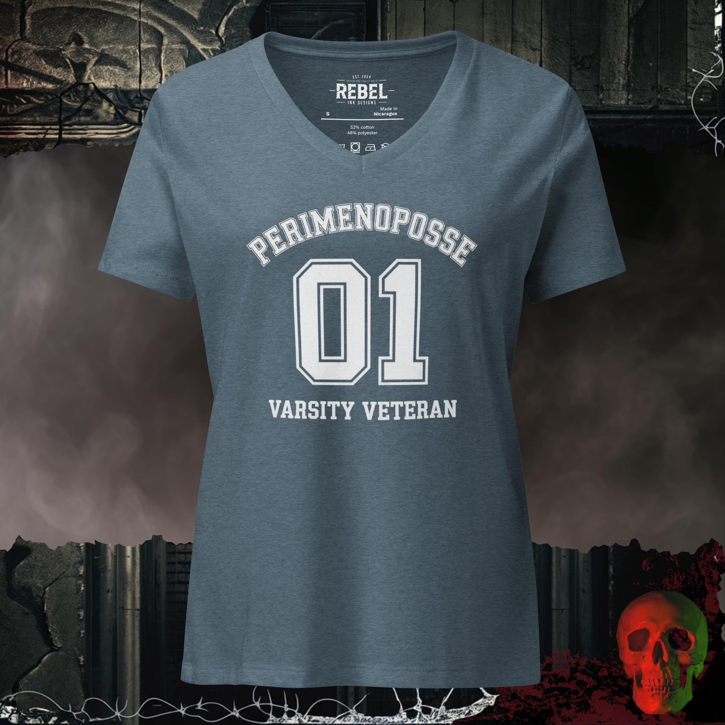 V-Neck Heather Slate / S Perimenoposse Varsity Veteran Relaxed Fit V-Neck