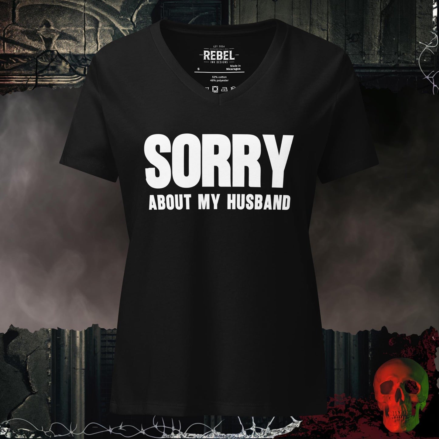 V-Neck Solid Black Blend / S Sorry About My Husband V Neck Graphic Tee Funny Statement Shirt