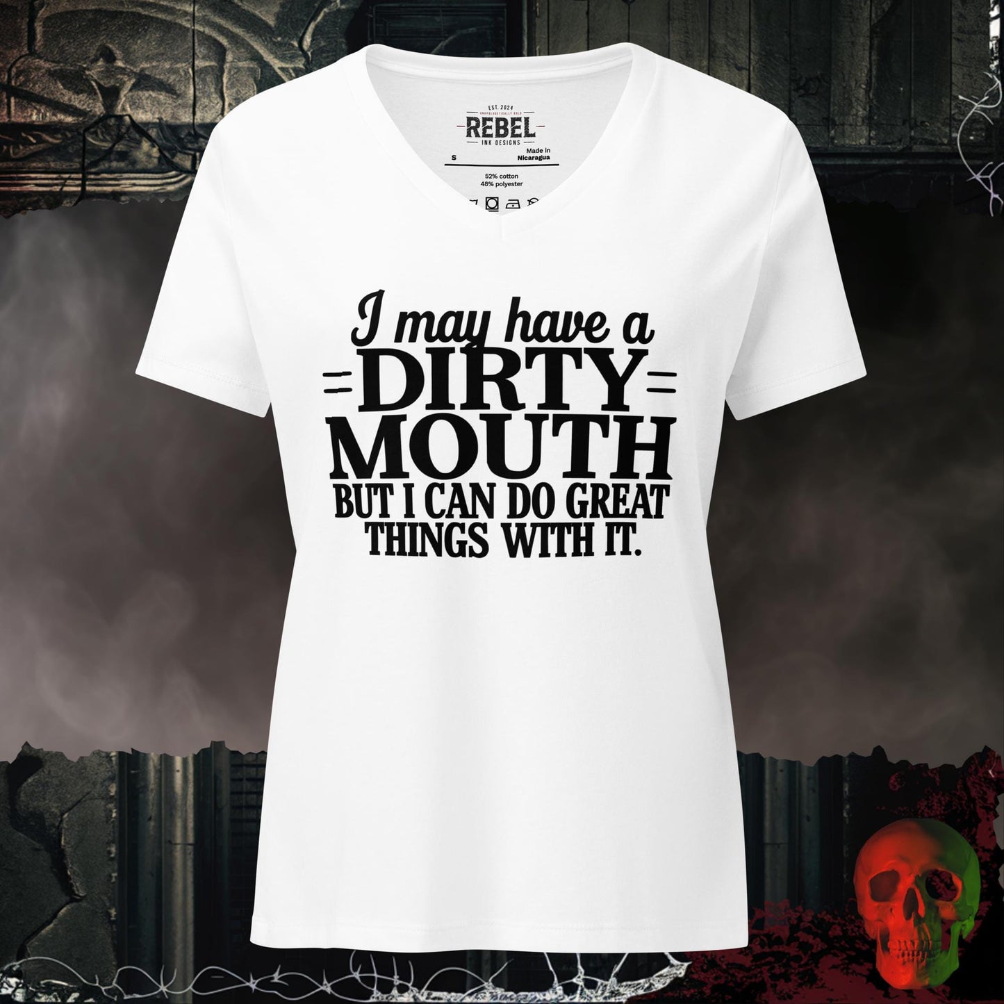 V-Neck Solid White Blend / S I May Have a Dirty Mouth V-Neck Bold Funny Graphic Tee