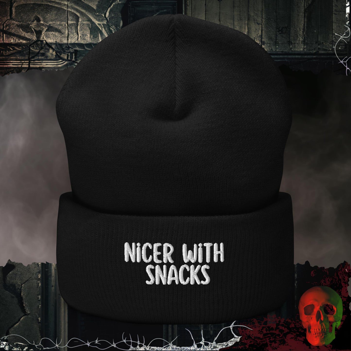 Beanie Black Nicer with Snacks Embroidered Beanie