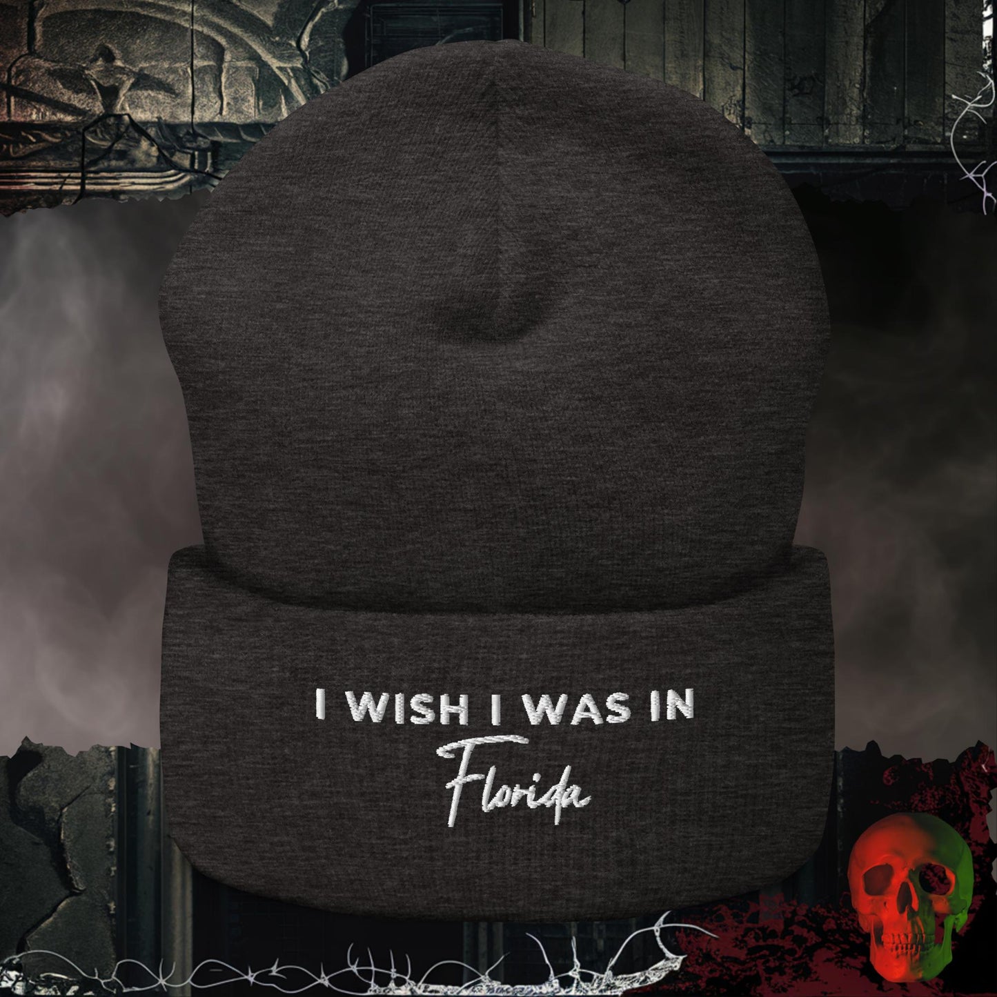Beanie Dark Grey Wish I Was in Florida Embroidered Beanie