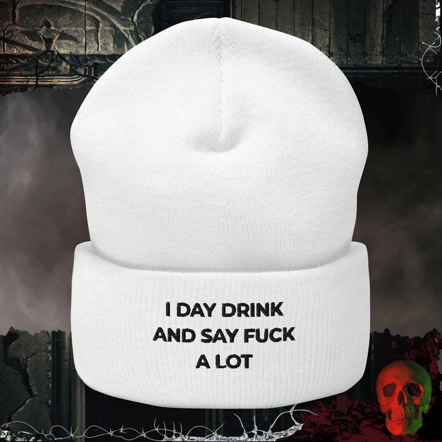 Beanie White Day Drinker Embroidered Beanie