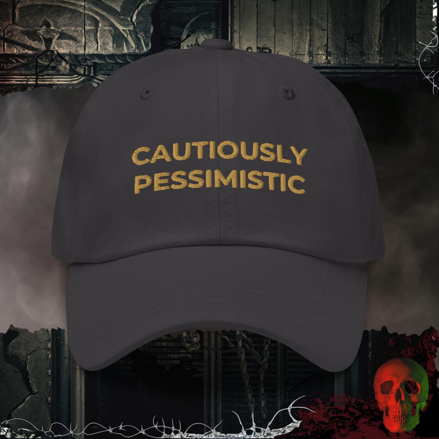 Hats Dark Grey Cautiously Pessimistic Embroidered Hat