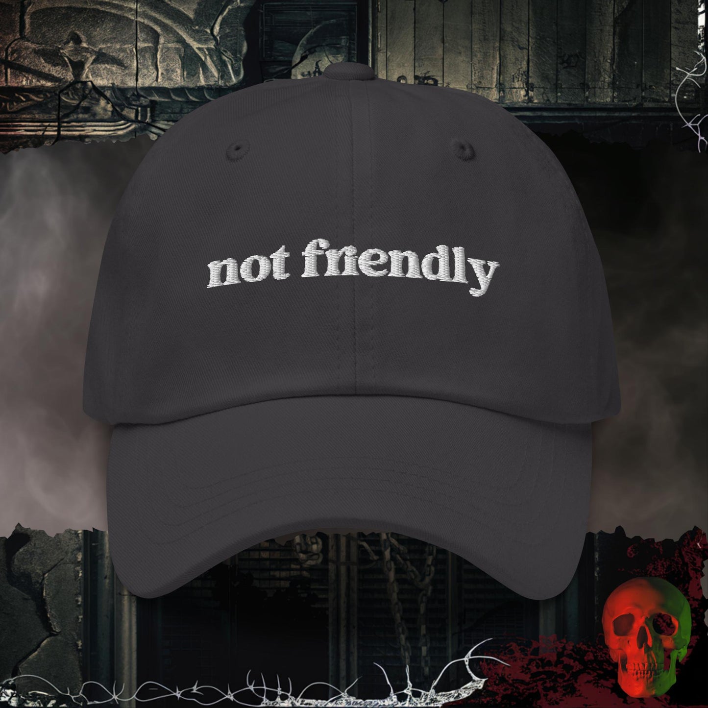 Hats Dark Grey Not Friendly Embroidered Hat
