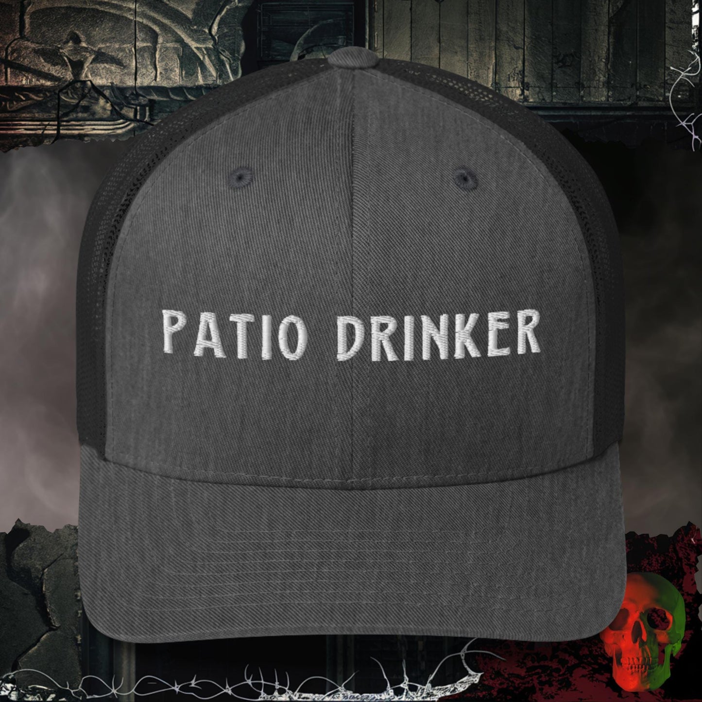 Hats Dark Heather Gray Patio Drinker Embroidered Trucker