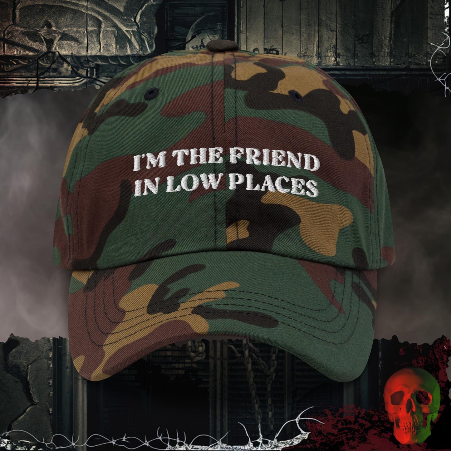 Hats Green Camo Friend in Low Places Embroidered Hat