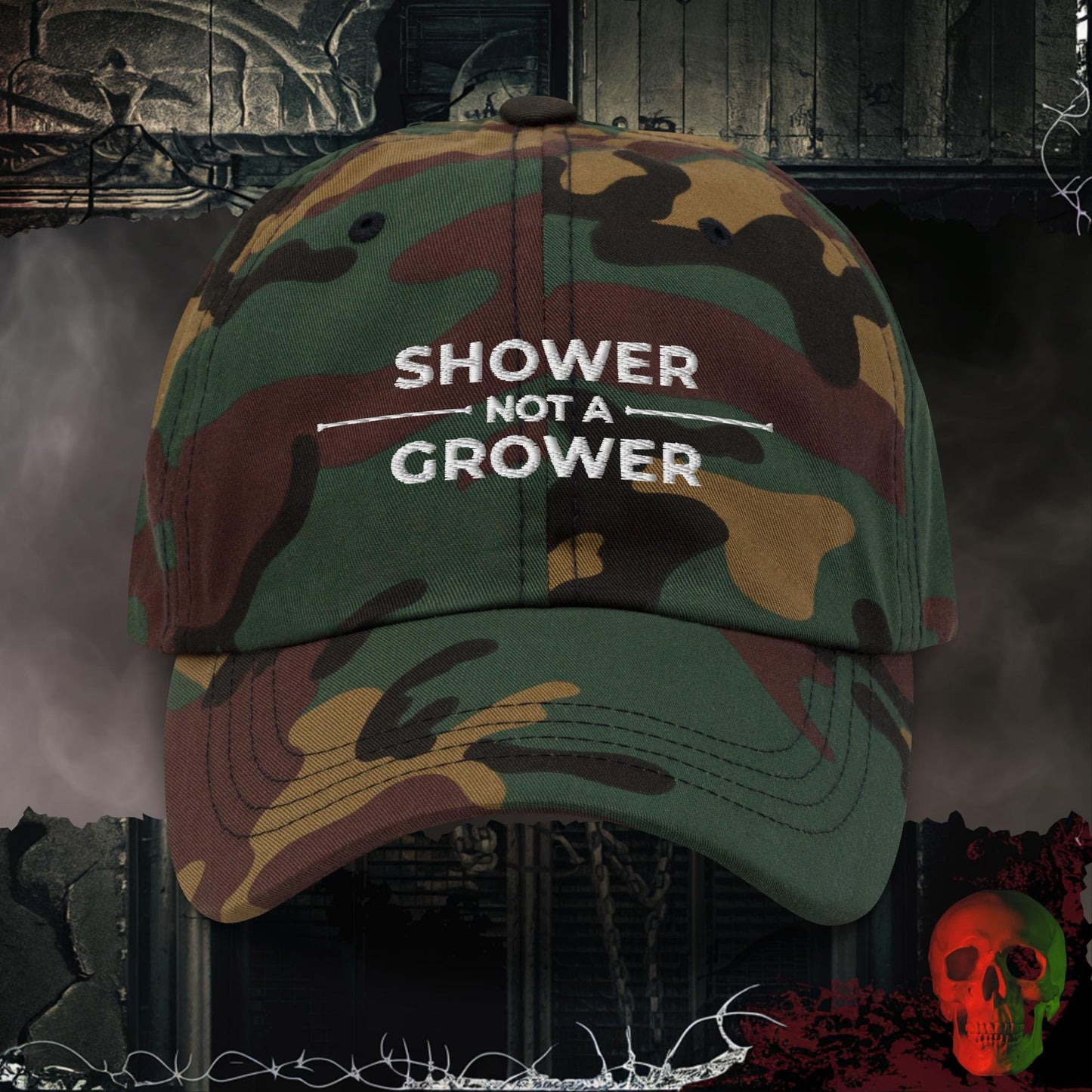Hats Green Camo Shower Not A Grower Embroidered Hat