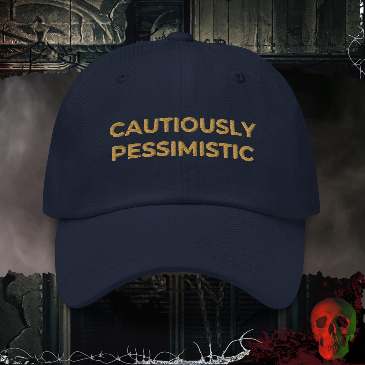 Hats Navy Cautiously Pessimistic Embroidered Hat