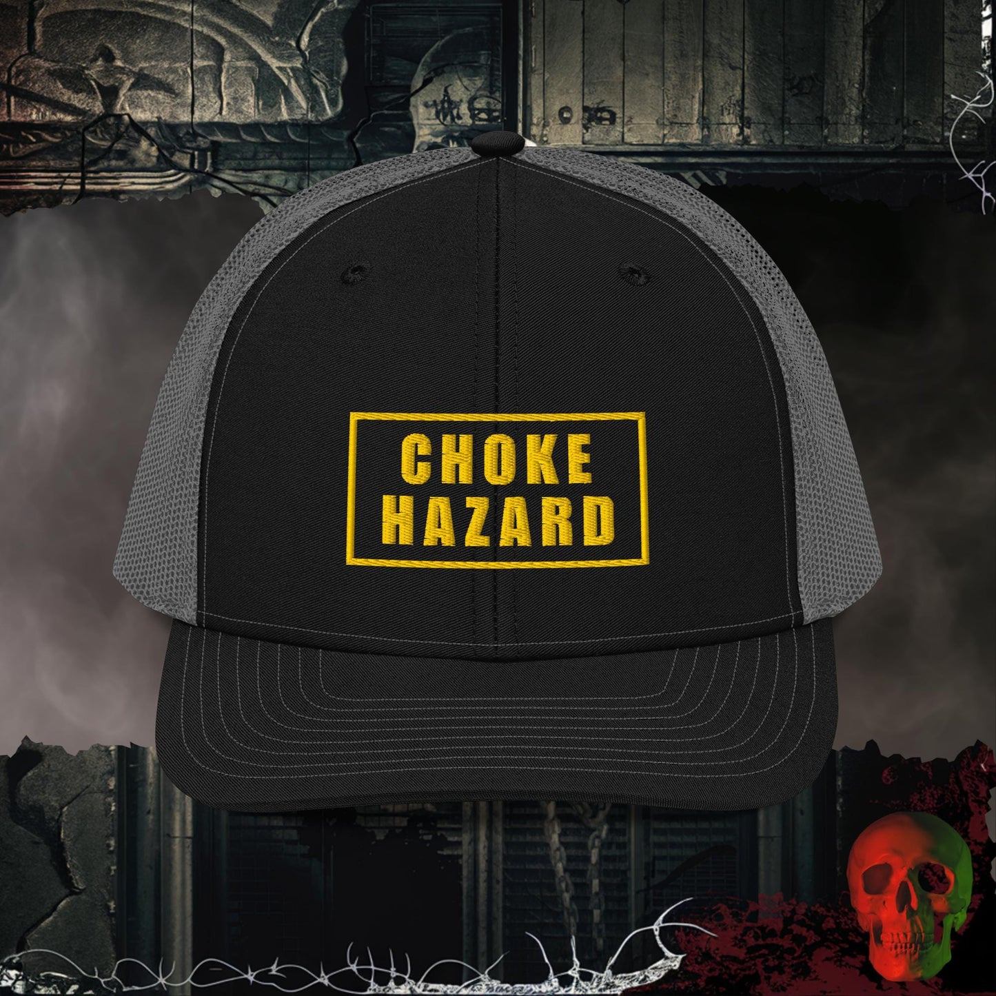 Premium Trucker Black / Charcoal Choke Hazard | Richardson 112 Embroidered Trucker Hat