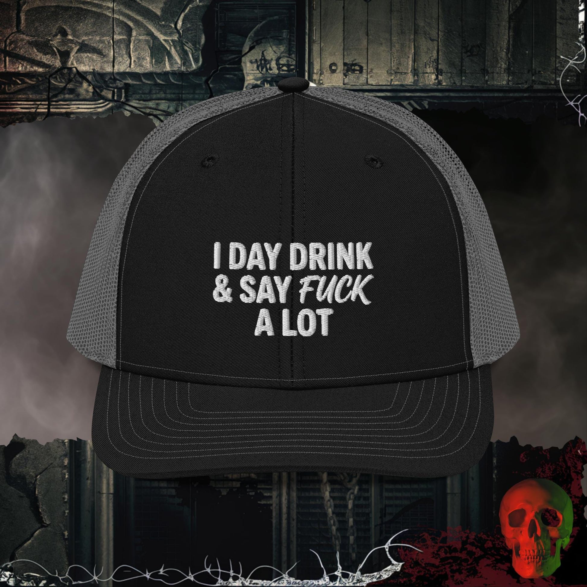 Premium Trucker Black / Charcoal Day Drink & Say It Loud | Richardson 112 Embroidered Trucker Hat