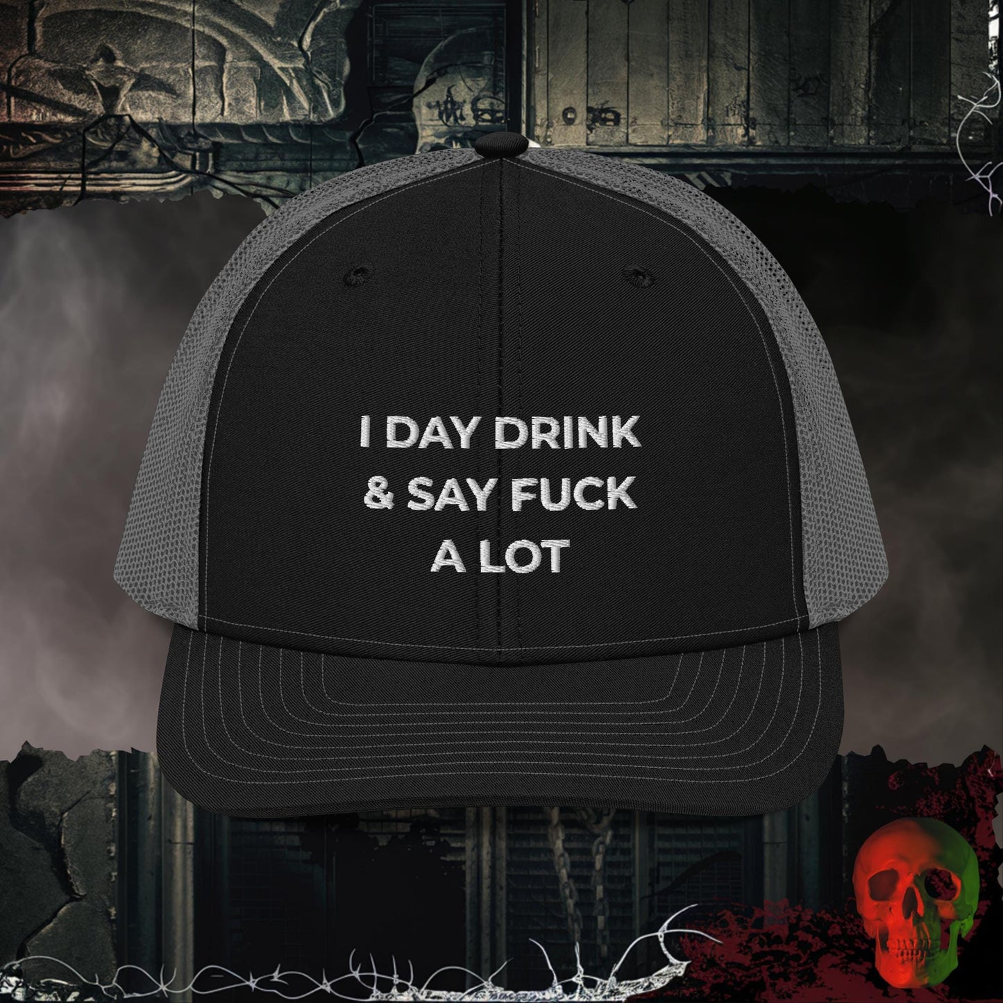 Premium Trucker Black / Charcoal Day Drinker | Richardson 112 Embroidered Trucker