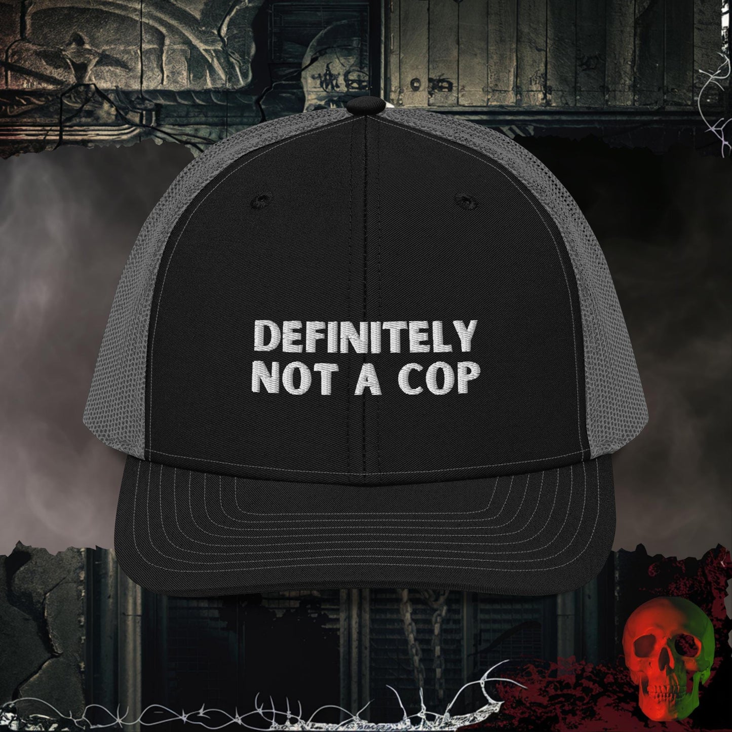 Premium Trucker Black / Charcoal Definitely Not a Cop Richardson 112 Embroidered Hat
