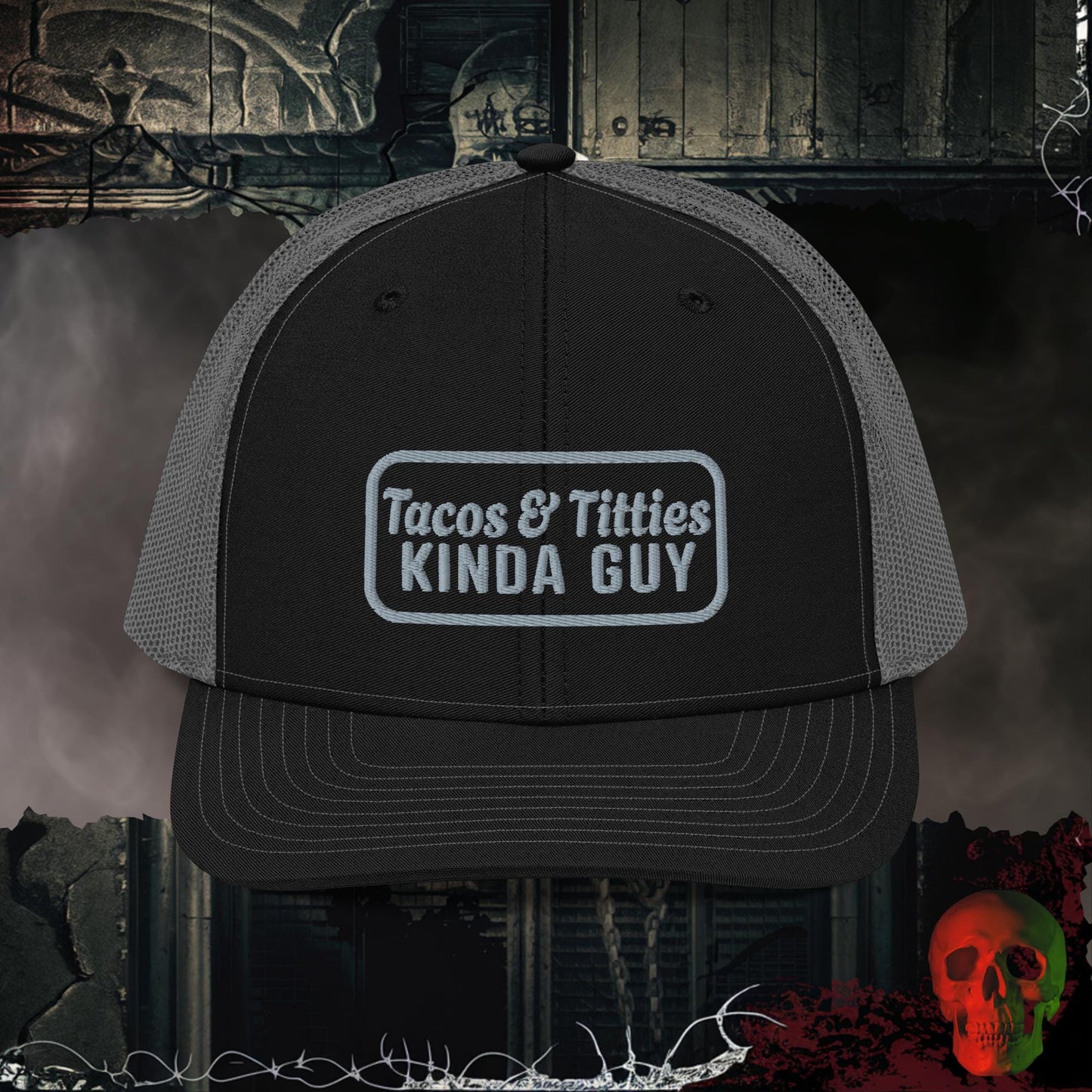Premium Trucker Black / Charcoal Tacos & Titties Kinda Guy | Richardson 112 Embroidered Trucker Hat