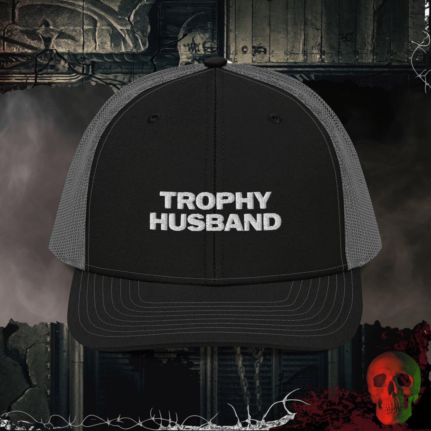 Premium Trucker Black / Charcoal Trophy Husband Richardson 112 Embroidered Trucker Hat