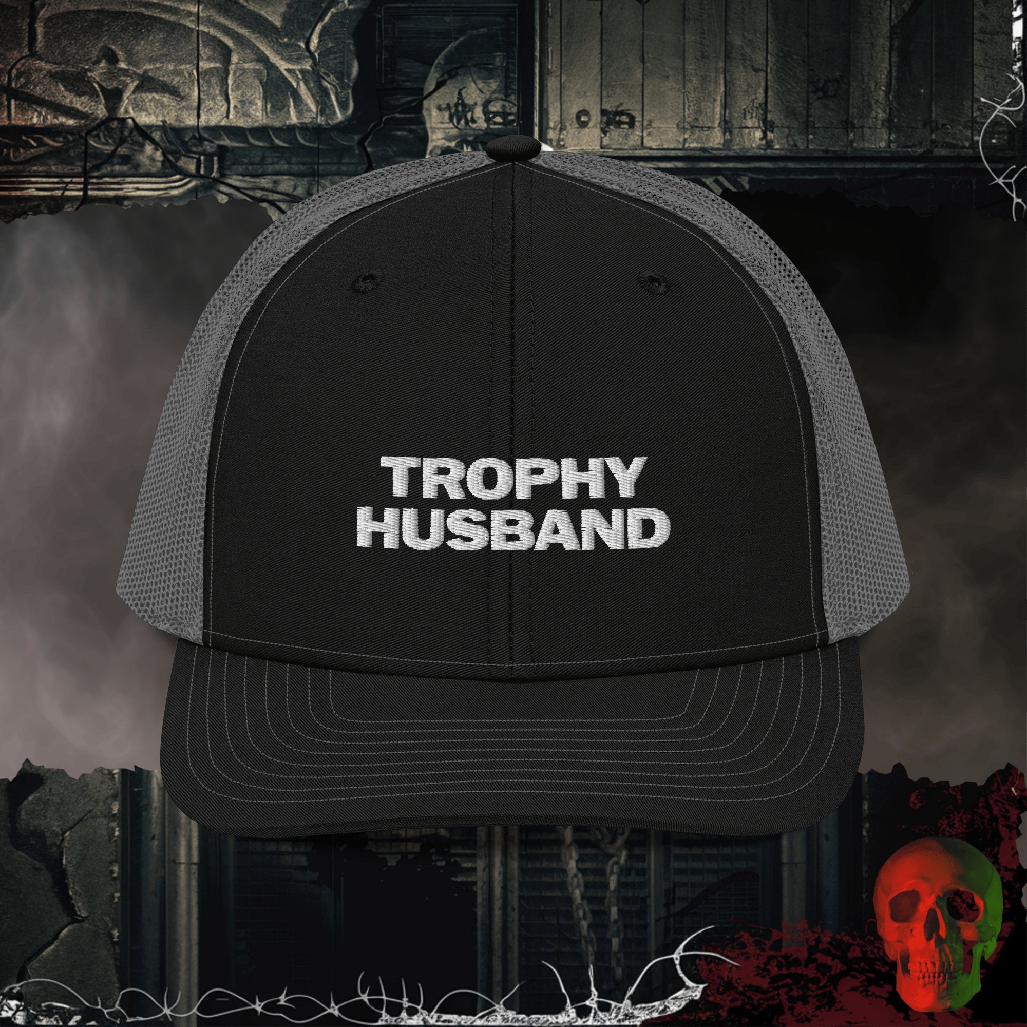 Premium Trucker Black / Charcoal Trophy Husband Richardson 112 Embroidered Trucker Hat