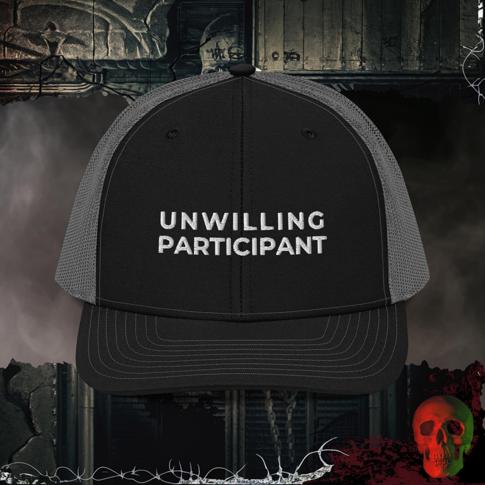 Premium Trucker Black / Charcoal Unwilling Participant | Richardson 112 Embroidered Trucker Hat