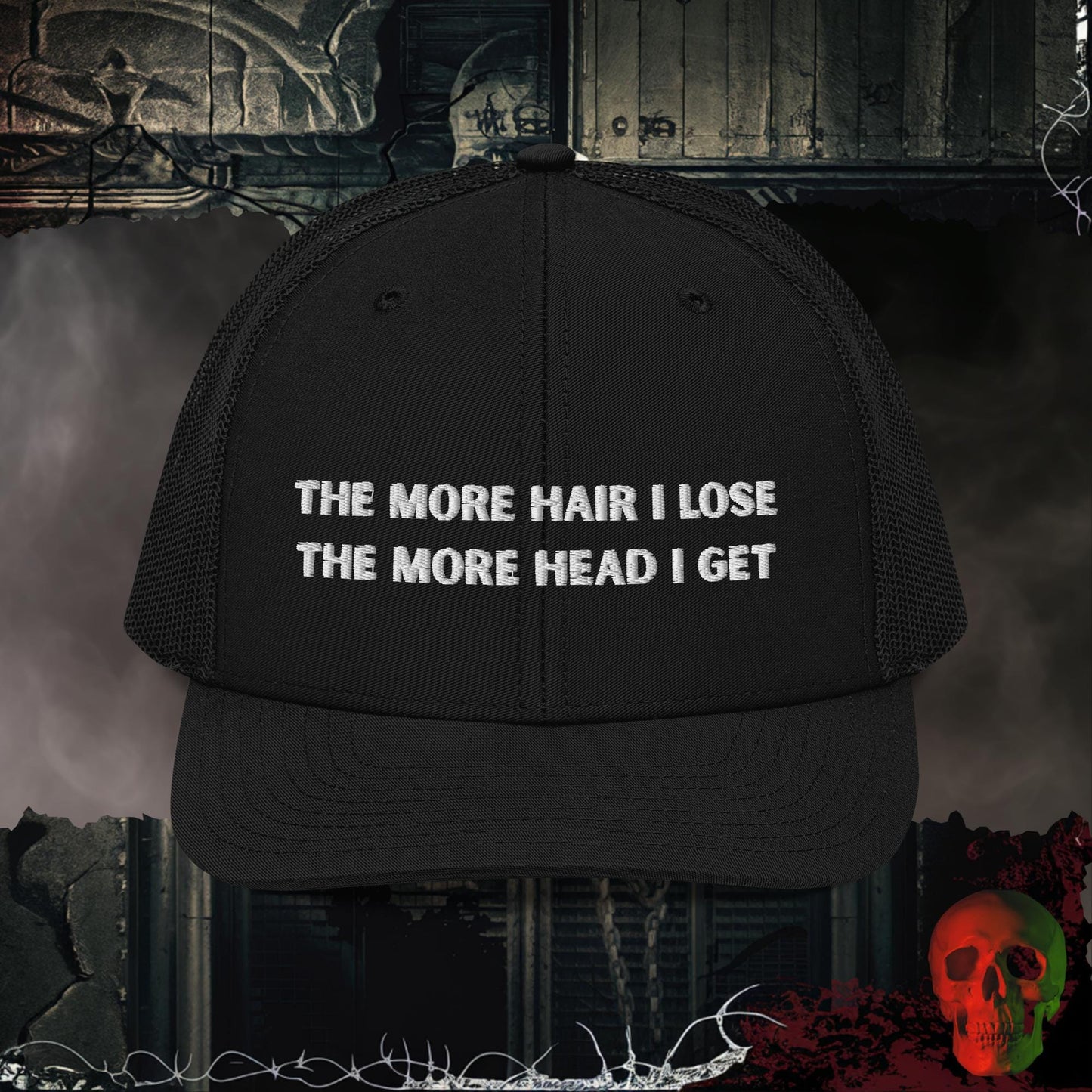 Premium Trucker Black Less Hair, More Head Embroidered Richardson 112 Trucker Hat