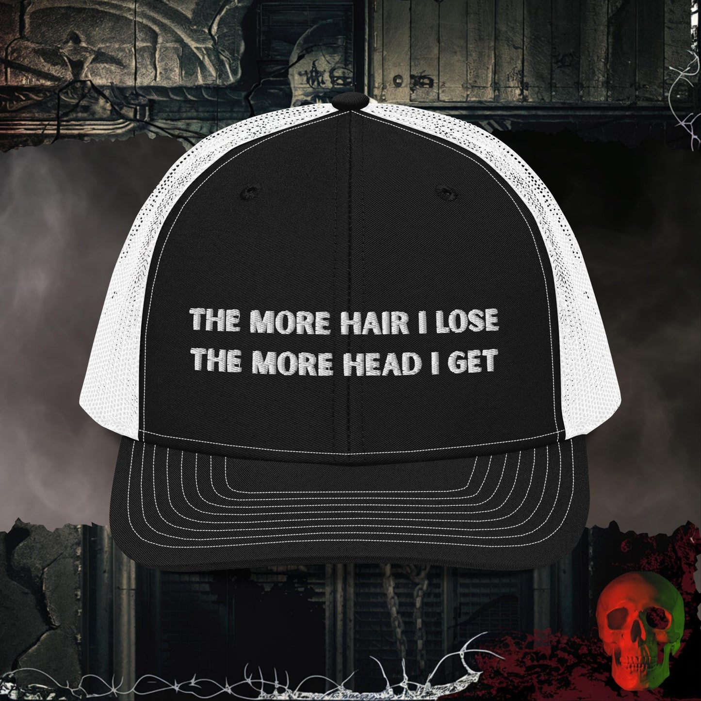 Premium Trucker Black / White Less Hair, More Head Embroidered Richardson 112 Trucker Hat