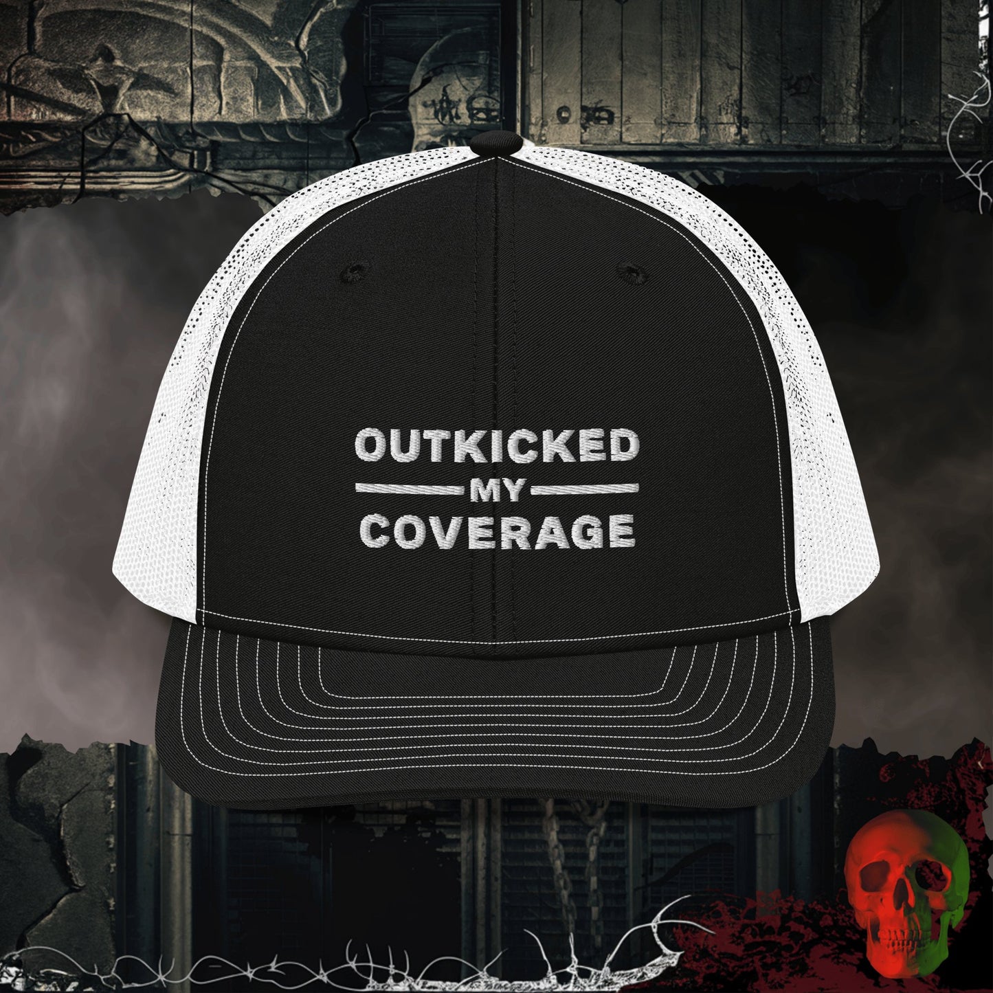Premium Trucker Black / White Outkicked My Coverage Richardson 112 Embroidered Trucker