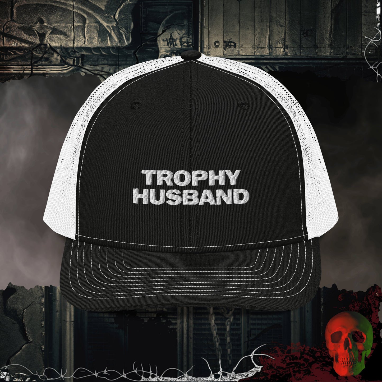 Premium Trucker Black / White Trophy Husband Richardson 112 Embroidered Trucker Hat