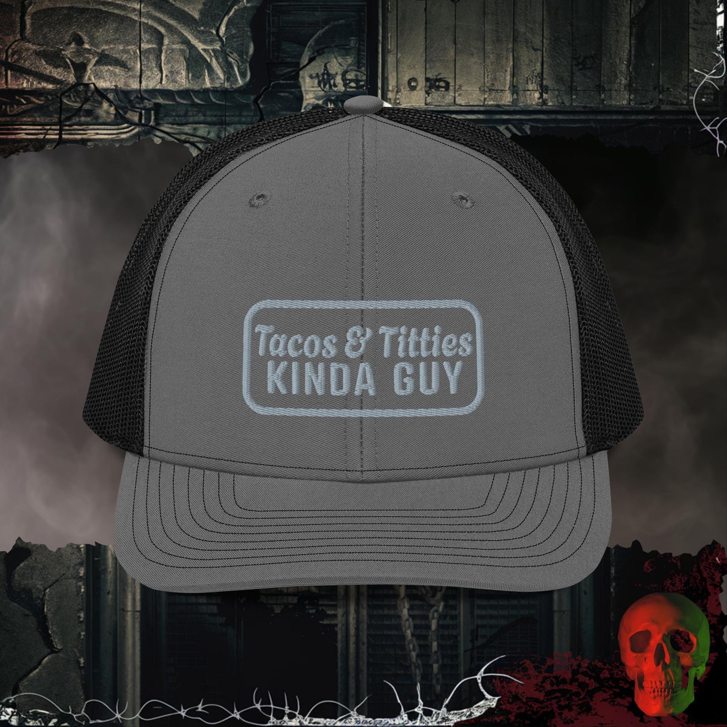 Premium Trucker Charcoal/Black Tacos & Titties Kinda Guy | Richardson 112 Embroidered Trucker Hat