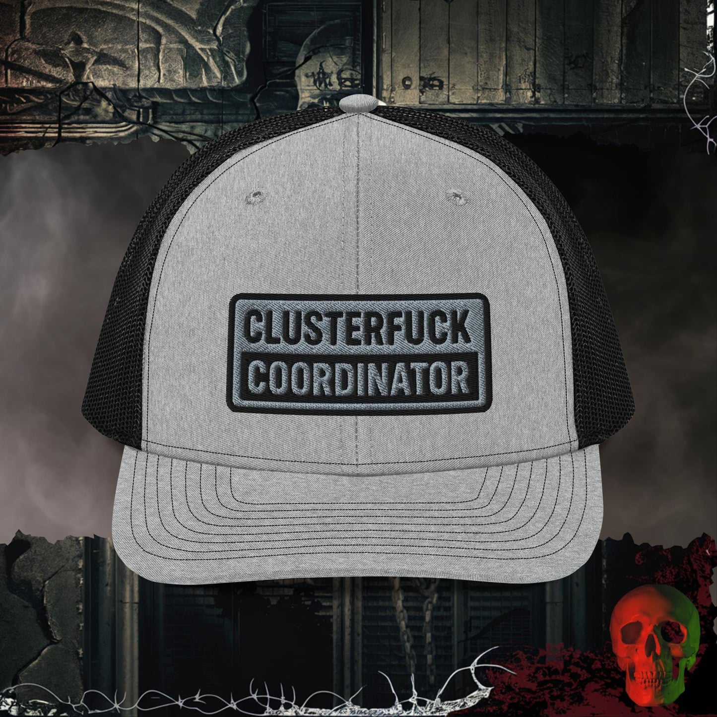 Premium Trucker Heather Grey / Black Clusterfuck Coordinator | Richardson 112 Embroidered Trucker Hat