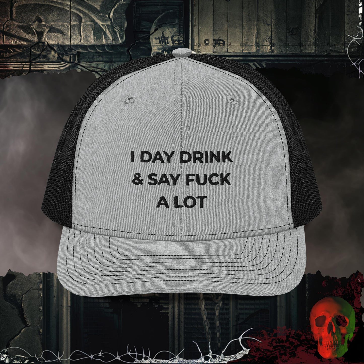 Premium Trucker Heather Grey / Black Day Drinker | Richardson 112 Embroidered Trucker