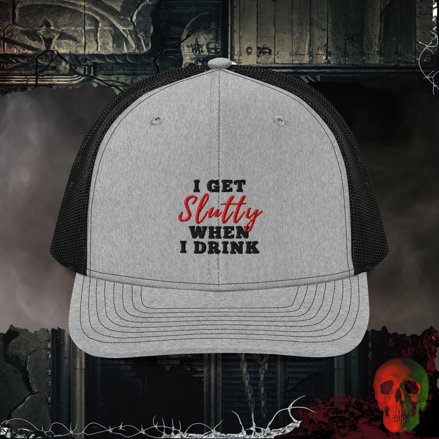 Premium Trucker Heather Grey / Black I Get Slutty When I Drink | Richardson 112 Embroidered Trucker Hat