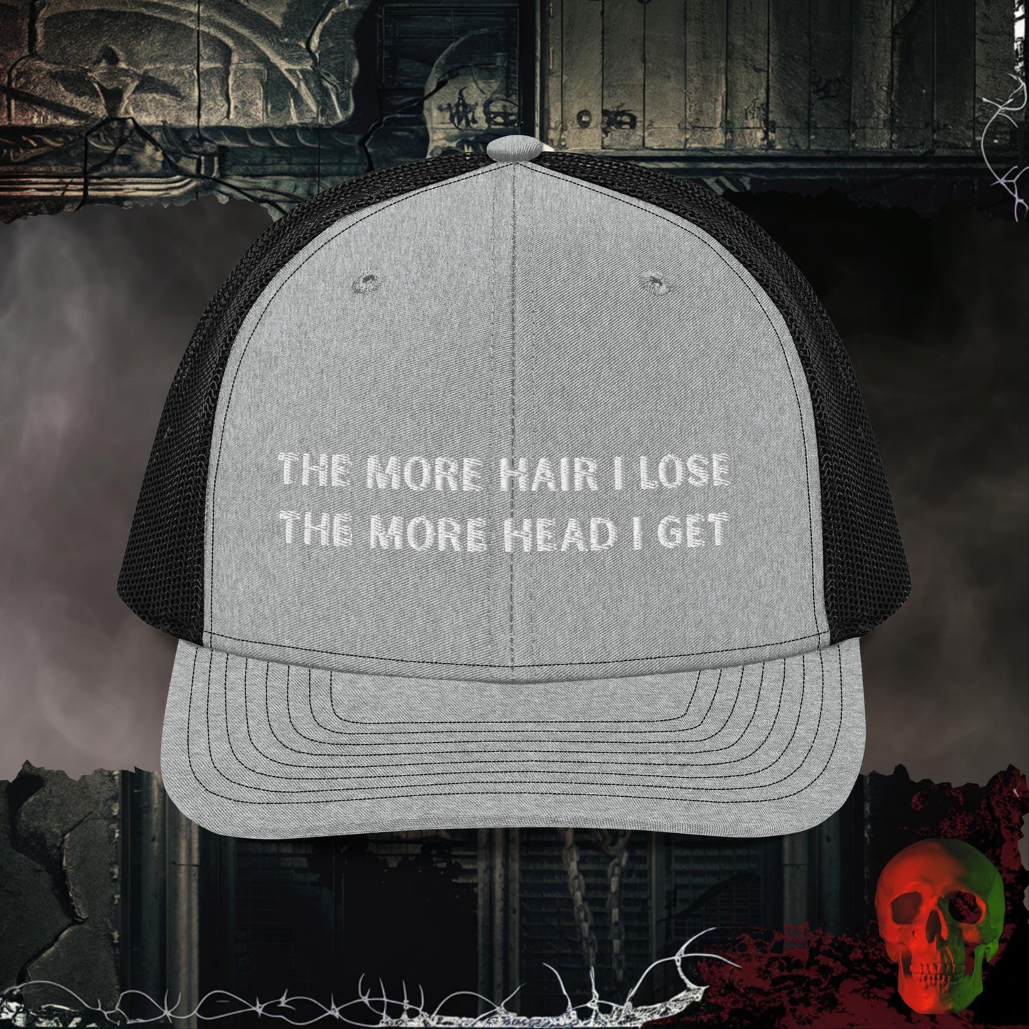 Premium Trucker Heather Grey / Black Less Hair, More Head Embroidered Richardson 112 Trucker Hat