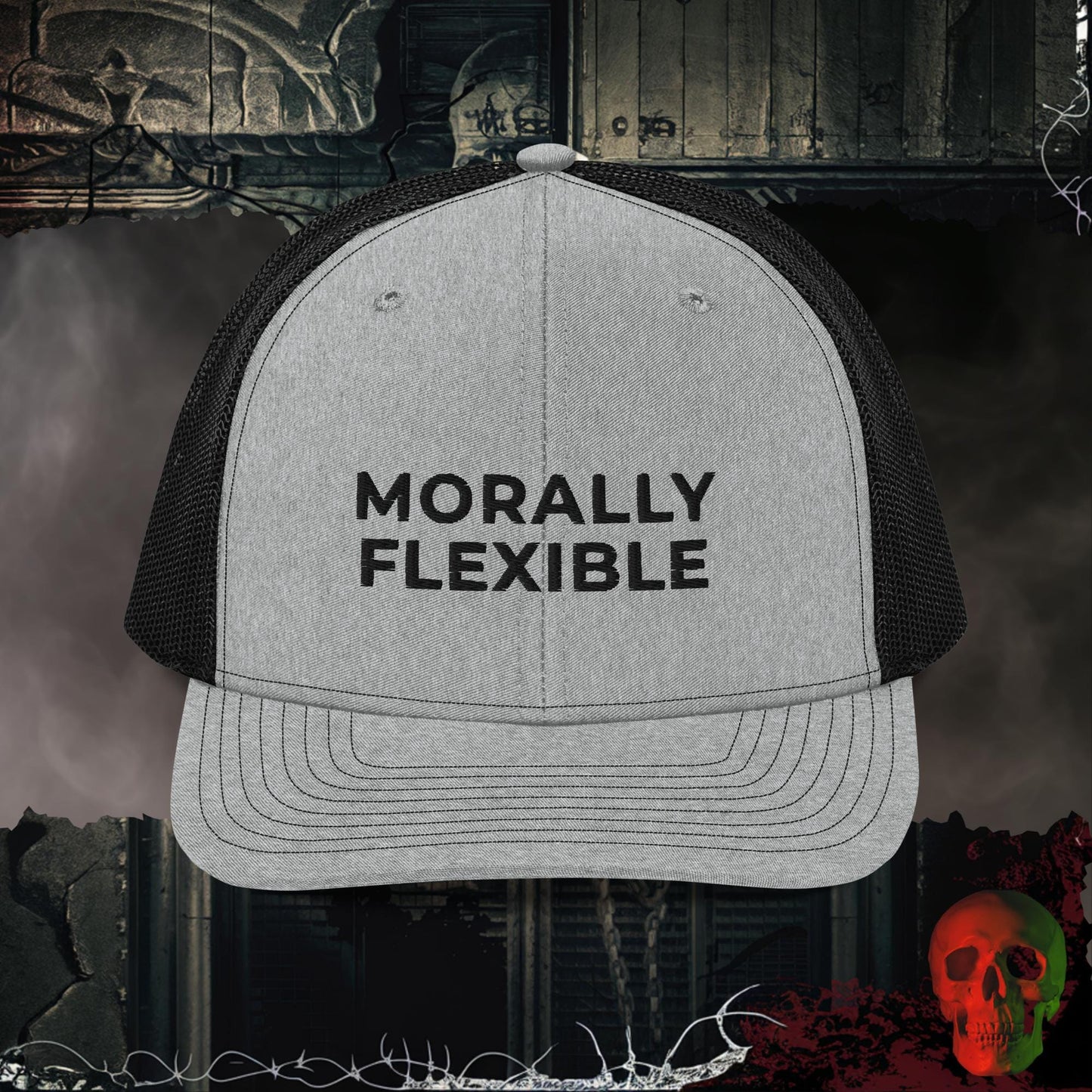 Premium Trucker Heather Grey / Black Morally Flexible | Richardson 112 Embroidered Trucker Hat