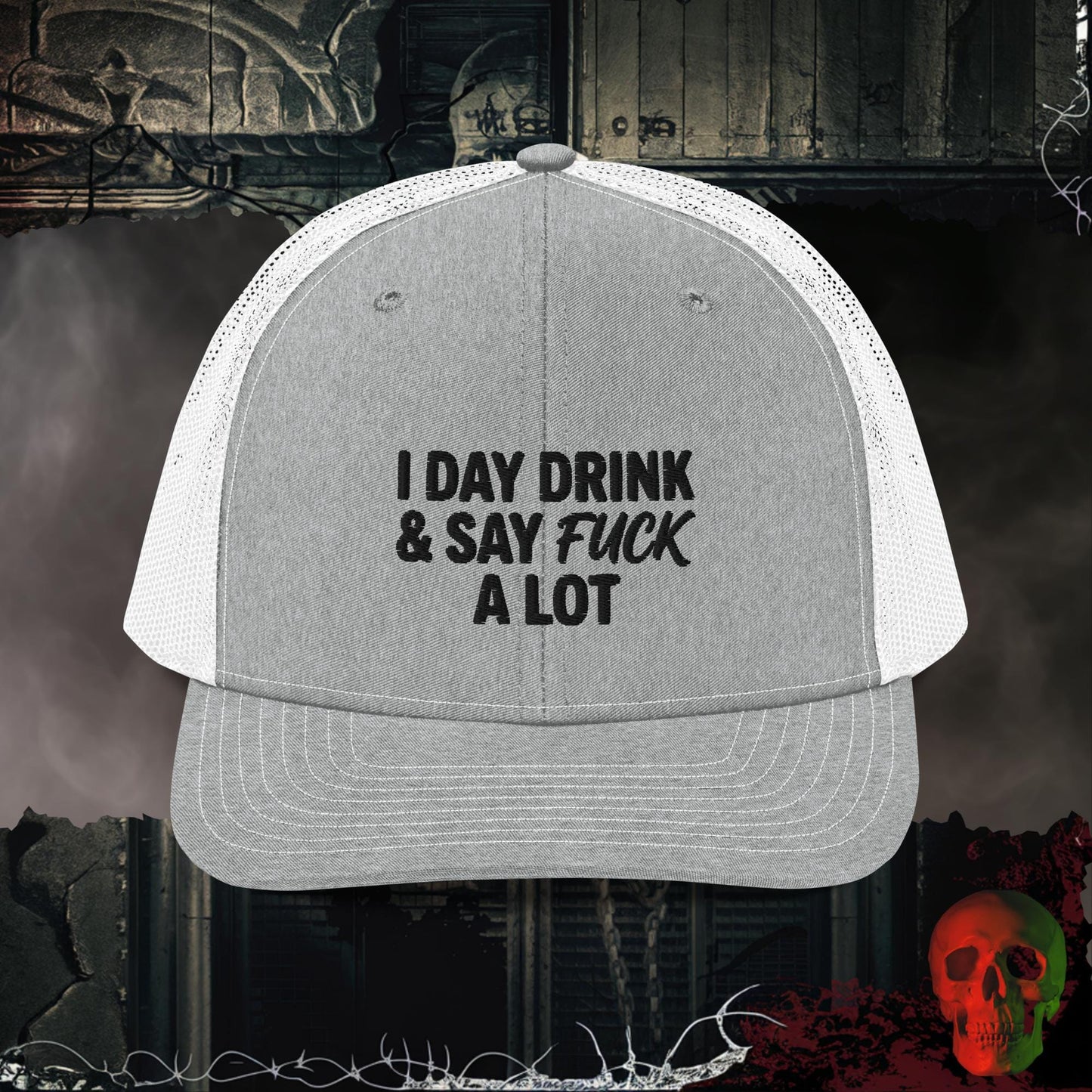 Premium Trucker Heather Grey/White Day Drink & Say It Loud | Richardson 112 Embroidered Trucker Hat