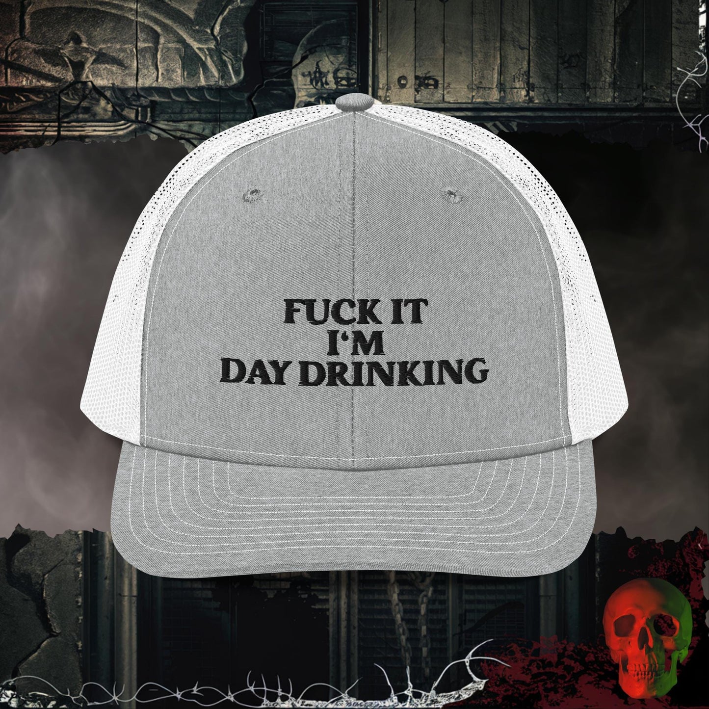 Premium Trucker Heather Grey/White F@ck It I’m Day Drinking | Richardson 112 Embroidered Trucker Hat
