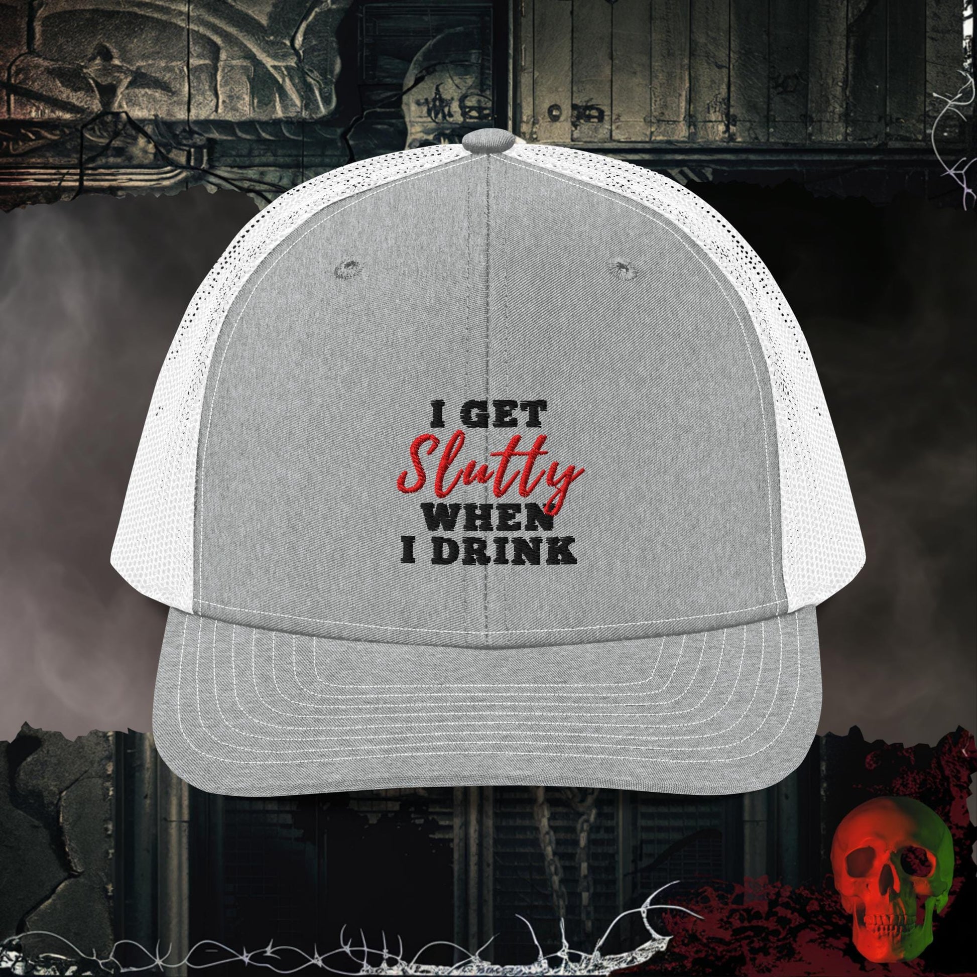 Premium Trucker Heather Grey/White I Get Slutty When I Drink | Richardson 112 Embroidered Trucker Hat
