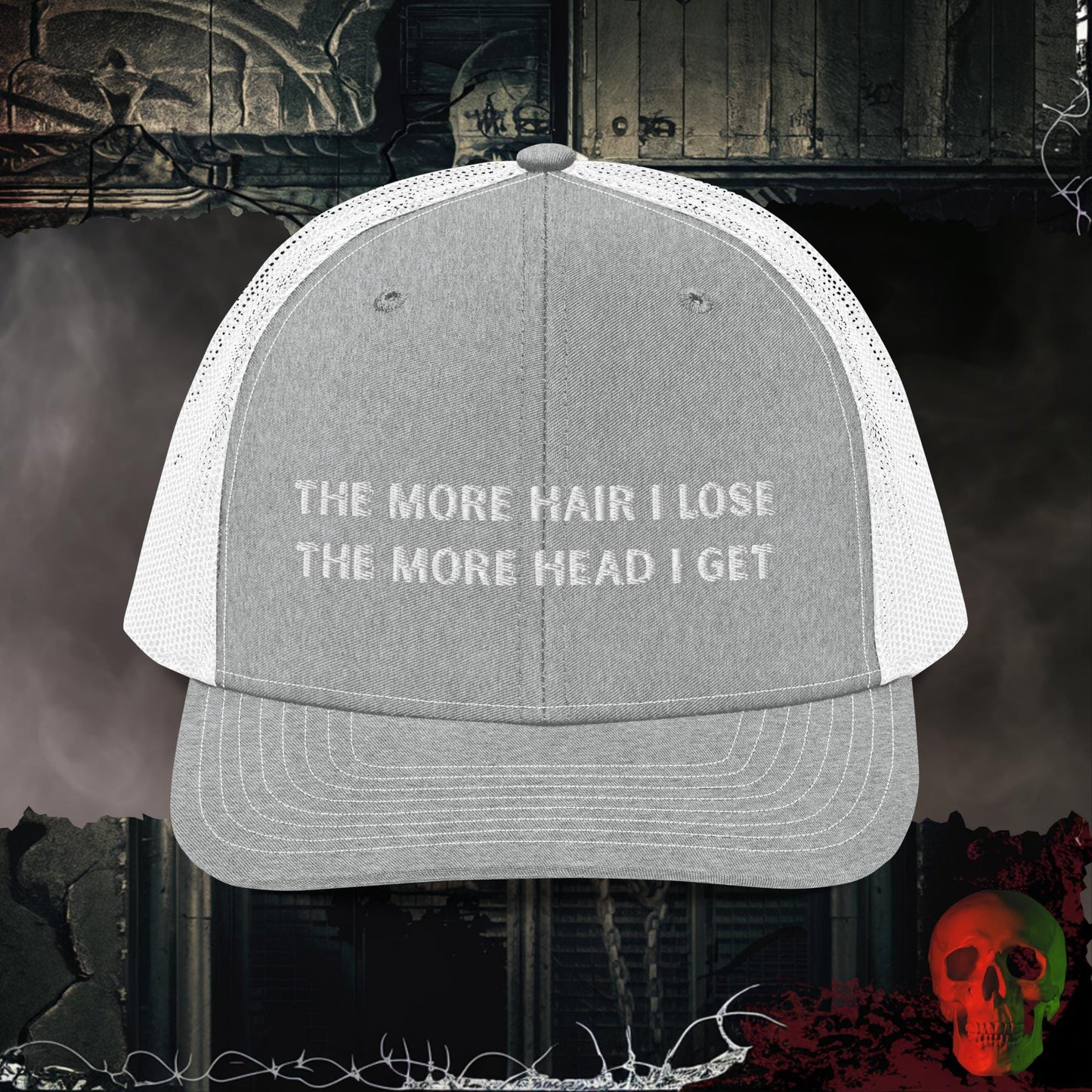 Premium Trucker Heather Grey/White Less Hair, More Head Embroidered Richardson 112 Trucker Hat