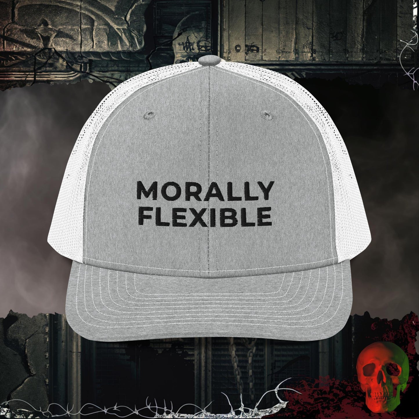 Premium Trucker Heather Grey/White Morally Flexible | Richardson 112 Embroidered Trucker Hat