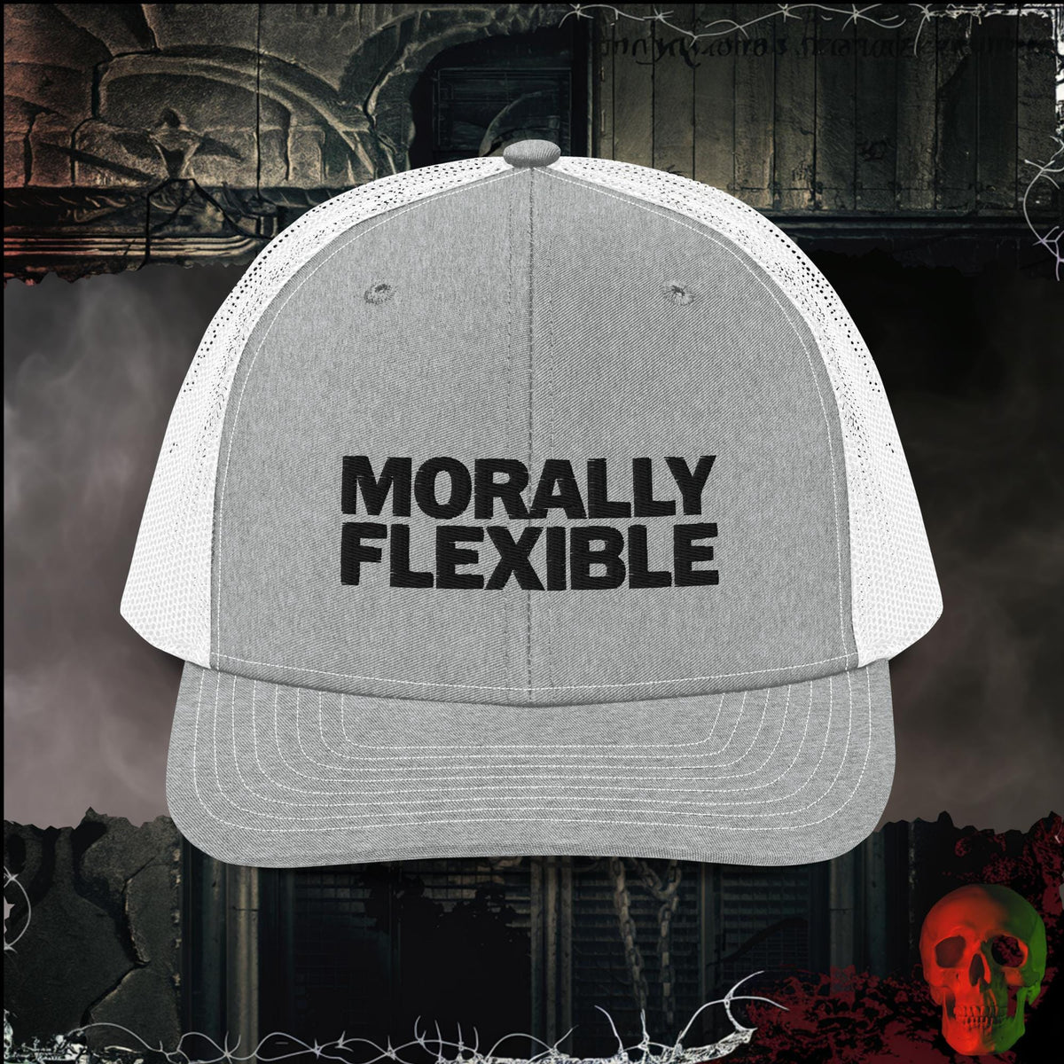 Premium Trucker Heather Grey/White Morally Flexible Trucker Hat | Rebel Ink Designs