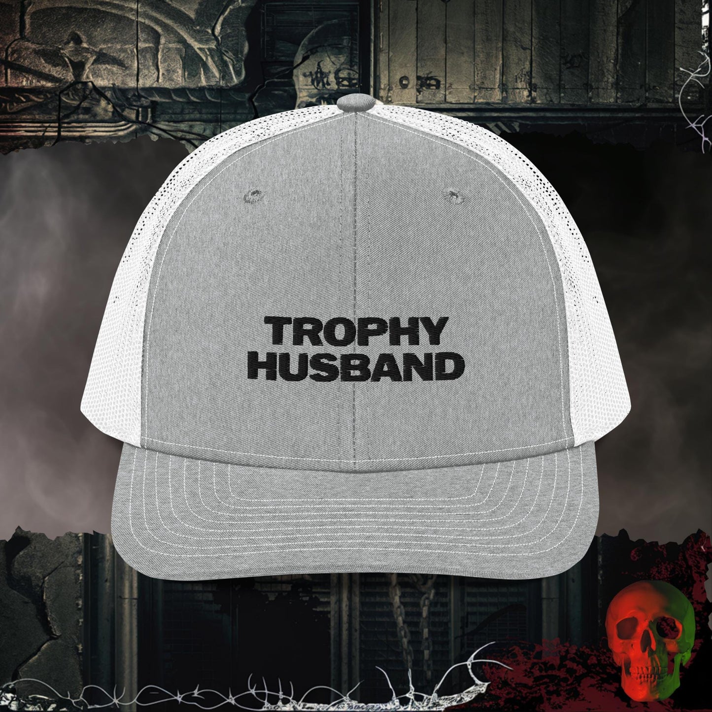 Premium Trucker Heather Grey/White Trophy Husband Richardson 112 Embroidered Trucker Hat