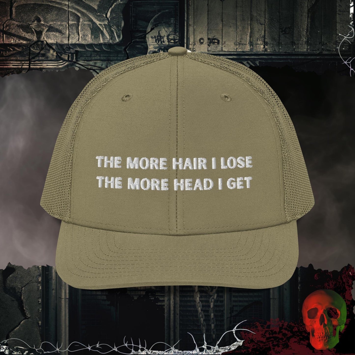 Premium Trucker Loden Less Hair, More Head Embroidered Richardson 112 Trucker Hat