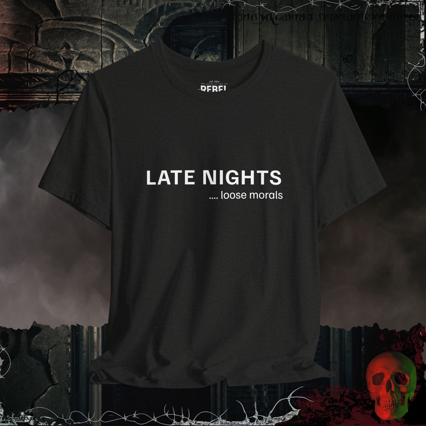 T-Shirt Black Heather / S Late Nights, Loose Morals Tee