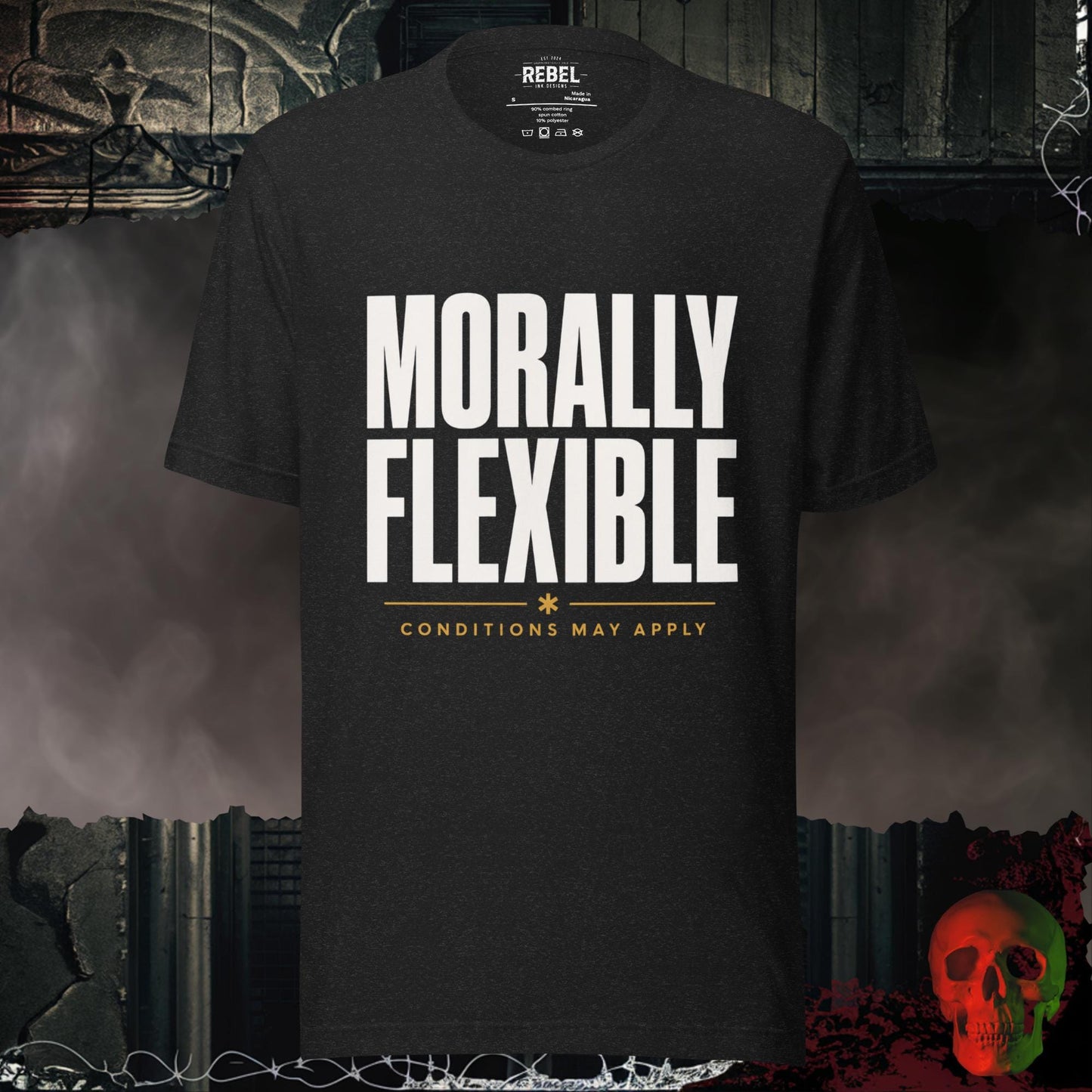 T-Shirt Black Heather / S Morally Flexible Conditions May Apply Graphic Tee Bold Statement Shirt