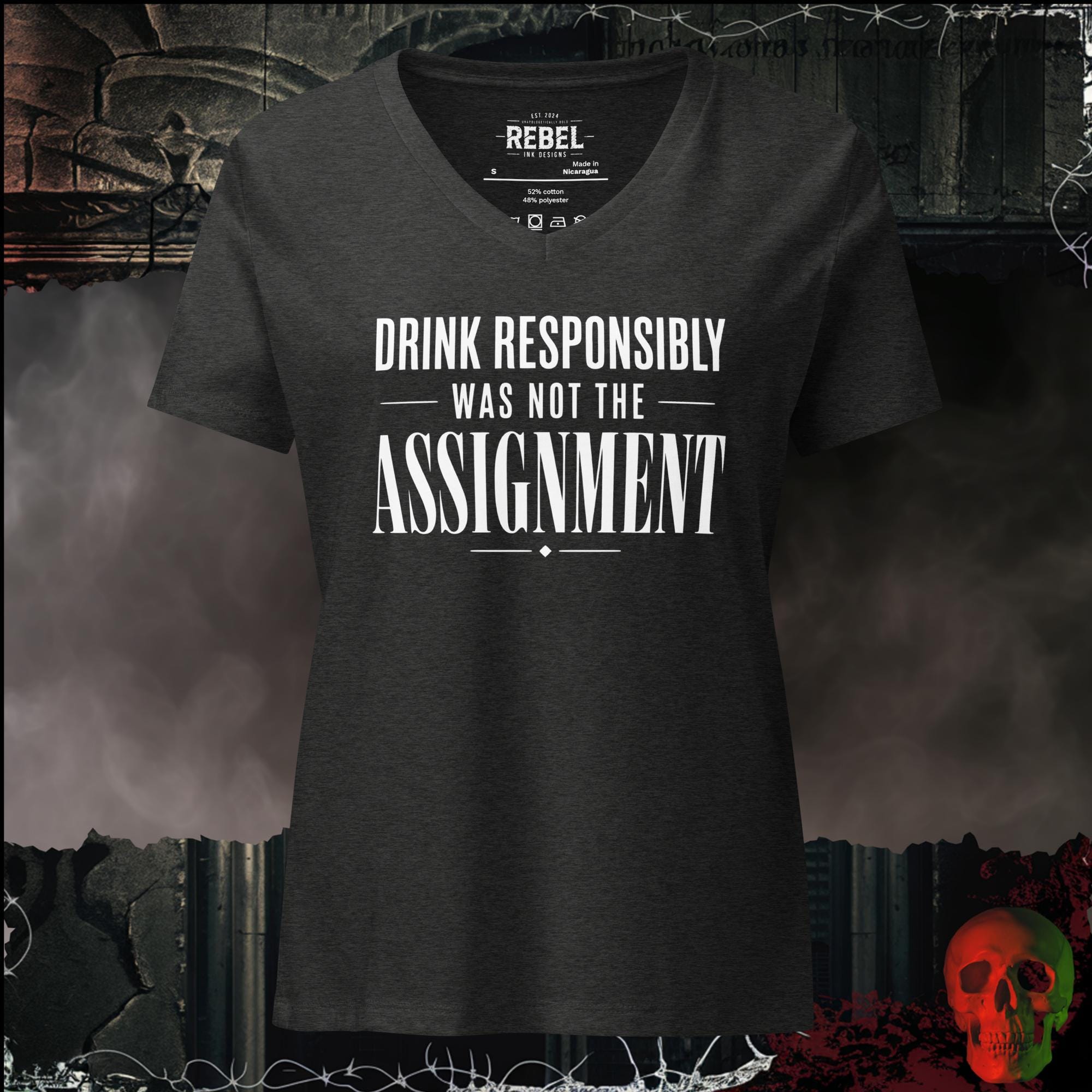 T-Shirt Dark Grey Heather / S Drink Responsibly Was Not The Assignment Women's V-Neck Tee | Rebel Ink Designs
