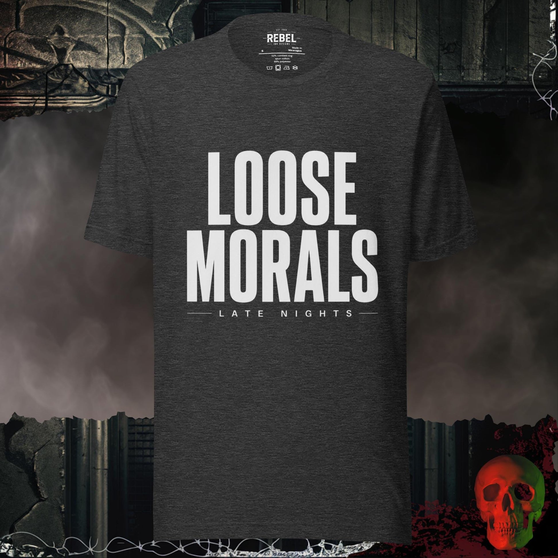 T-Shirt Dark Grey Heather / S Loose Morals Late Nights Bold Graphic Statement Tee
