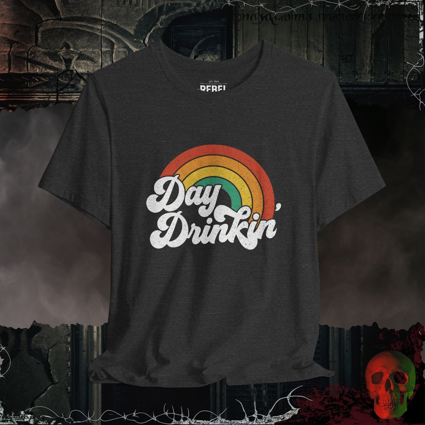 T-Shirt Dark Grey Heather / S Retro Rainbow Day Drinkin’ Tee