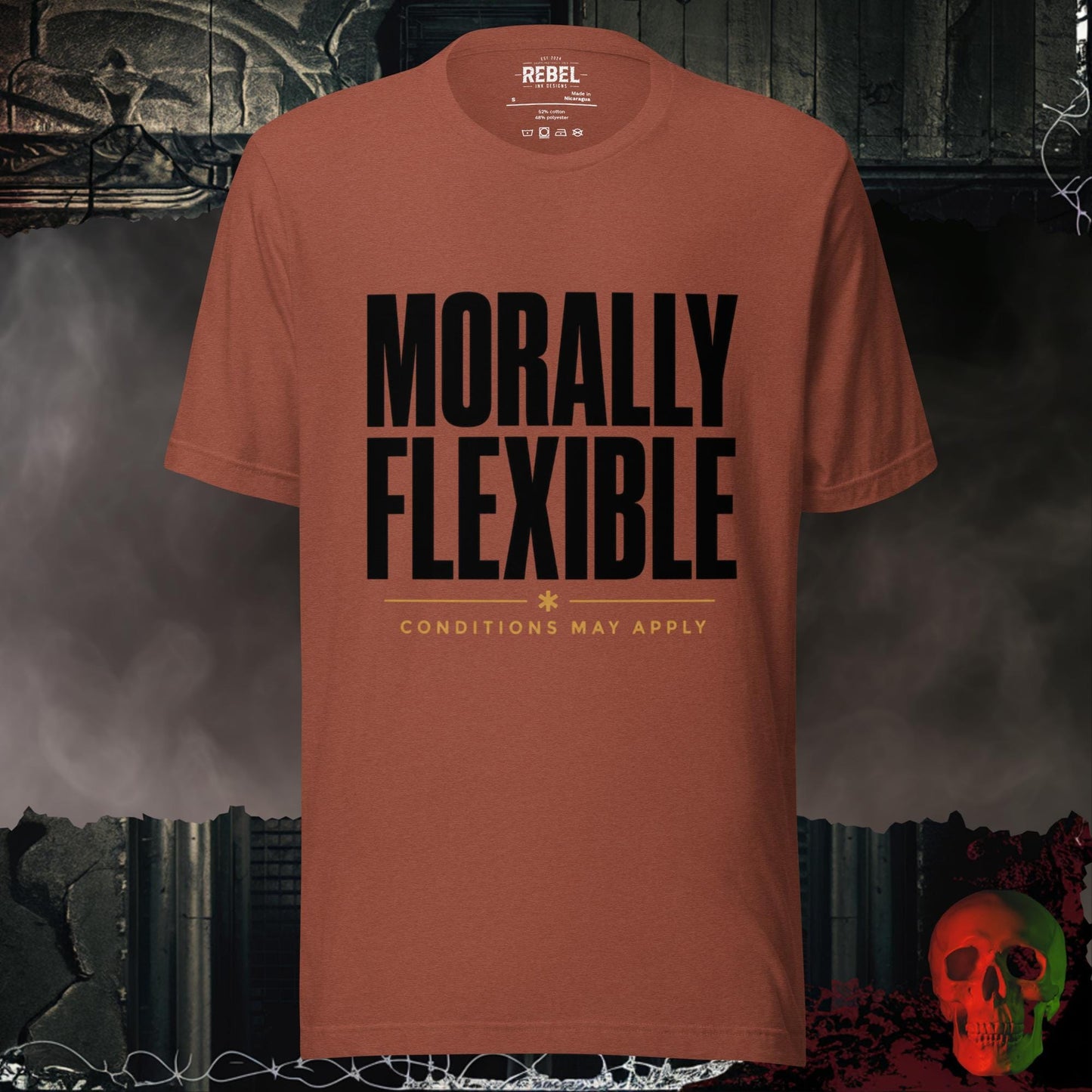 T-Shirt Heather Clay / S Morally Flexible Conditions May Apply Graphic Tee Bold Statement Shirt