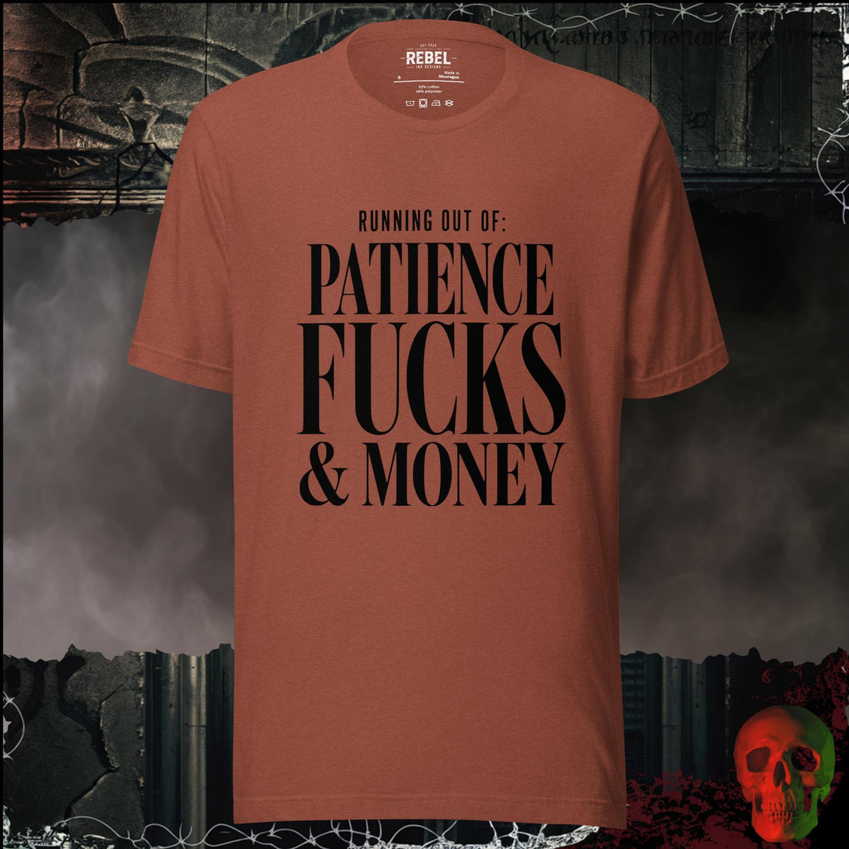 T-Shirt Heather Clay / S Running Out Of Patience F*cks & Money Graphic Tee | Rebel Ink Designs