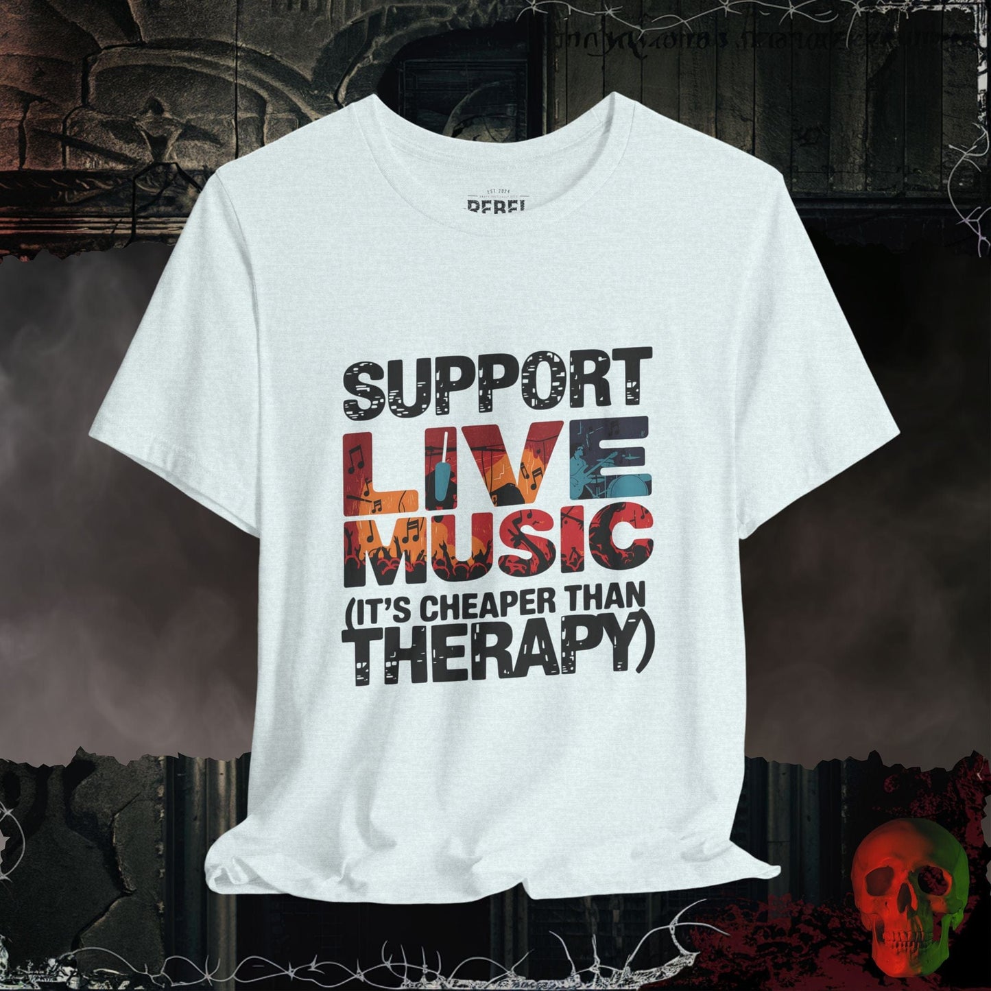 T-Shirt Heather Ice Blue / S Support Live Music (It’s Cheaper than Therapy)