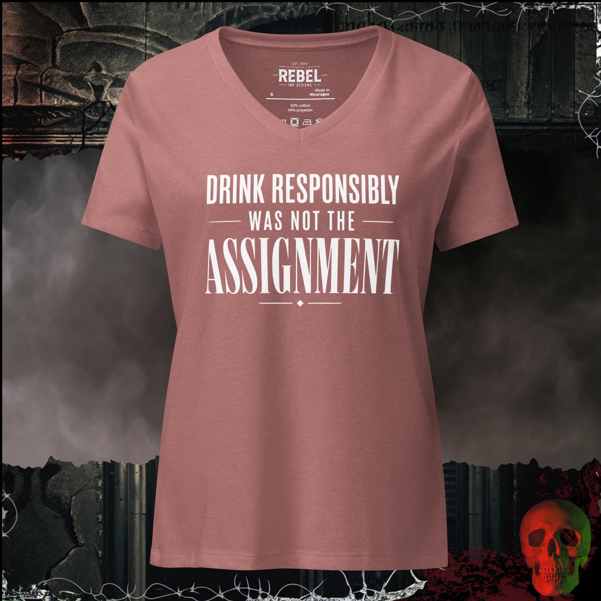 T-Shirt Heather Mauve / S Drink Responsibly Was Not The Assignment Women's V-Neck Tee | Rebel Ink Designs